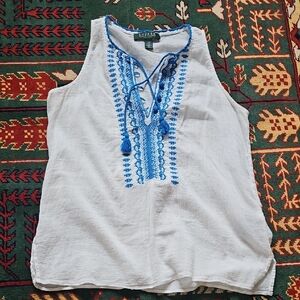 Lauren Ralph Lauren White Tank with Blue Embroidery Small Petite